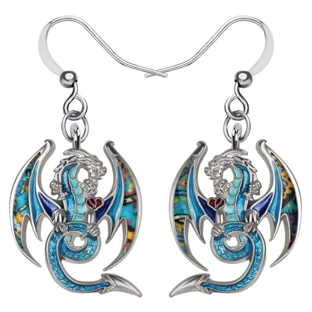 Silver and Multicolor Enamel Mythical Dragon Dangling French Wire Hook Earrings